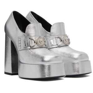 Versace Silver '95 Medusa Embellished Leather Platform Pumps Women Size 8 US New